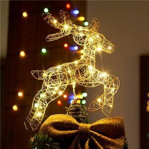 Lighted Reindeer Tree Topper - Battery Operated with 10 Warm Lights & Timer
